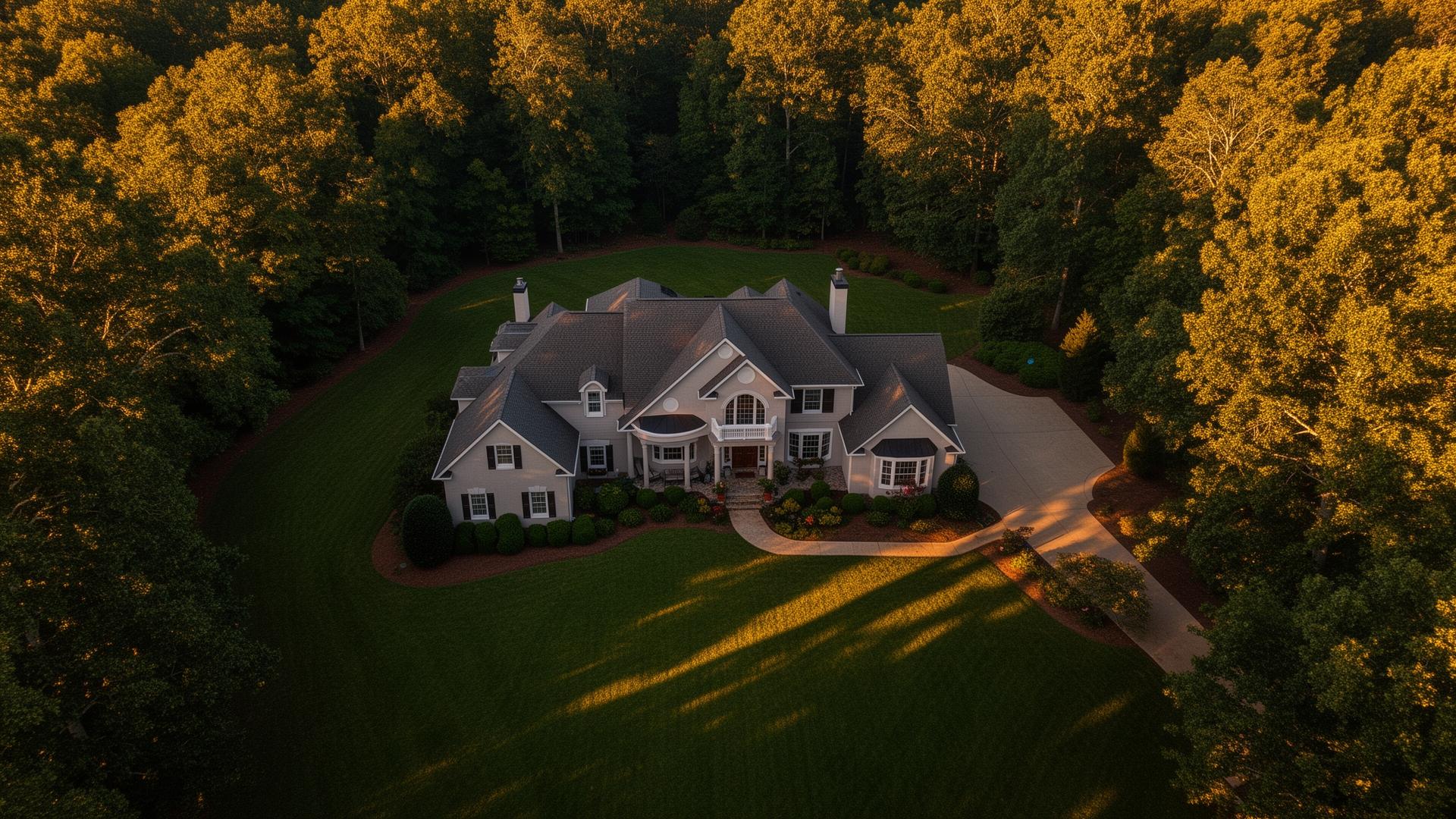 Aerial drone view of a luxury Upstate South Carolina home at golden hour